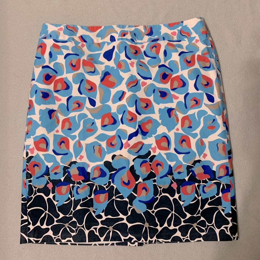Ann Taylor Petite Blue & Black Print Pencil Skirt